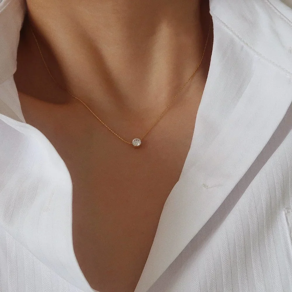 NEW Solitaire Diamond 18K Gold Plated Necklace